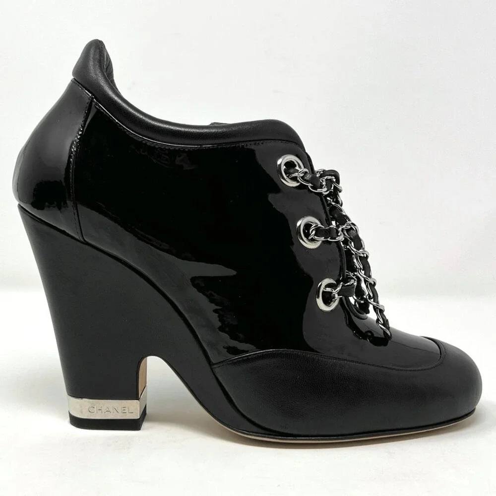 Chanel Black Patent Leather Wedge Ankle Boots Chain‎ Lace 38.5